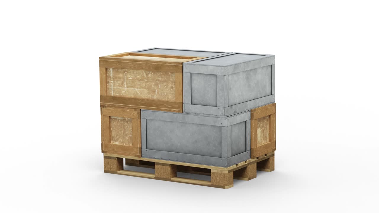 3 개의 금속 및 3 개의 목재 운송 상자와 가득 찬 팔레트를 돌리는 루프