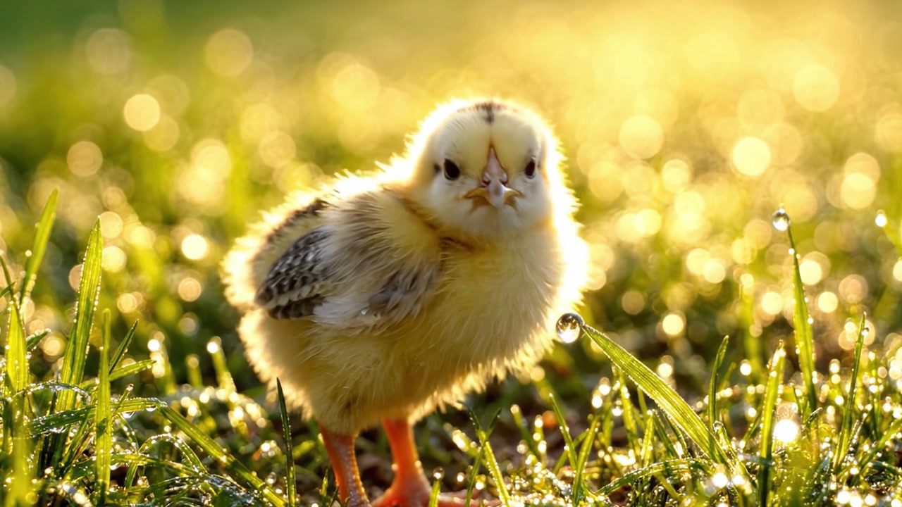 Um Pintinho Curioso em Pé na Grama Orvalhada sob o Sol da Manhã, Capturando a Essência de Novos Começos e a Beleza da Natureza com um Fundo Bokeh Suave