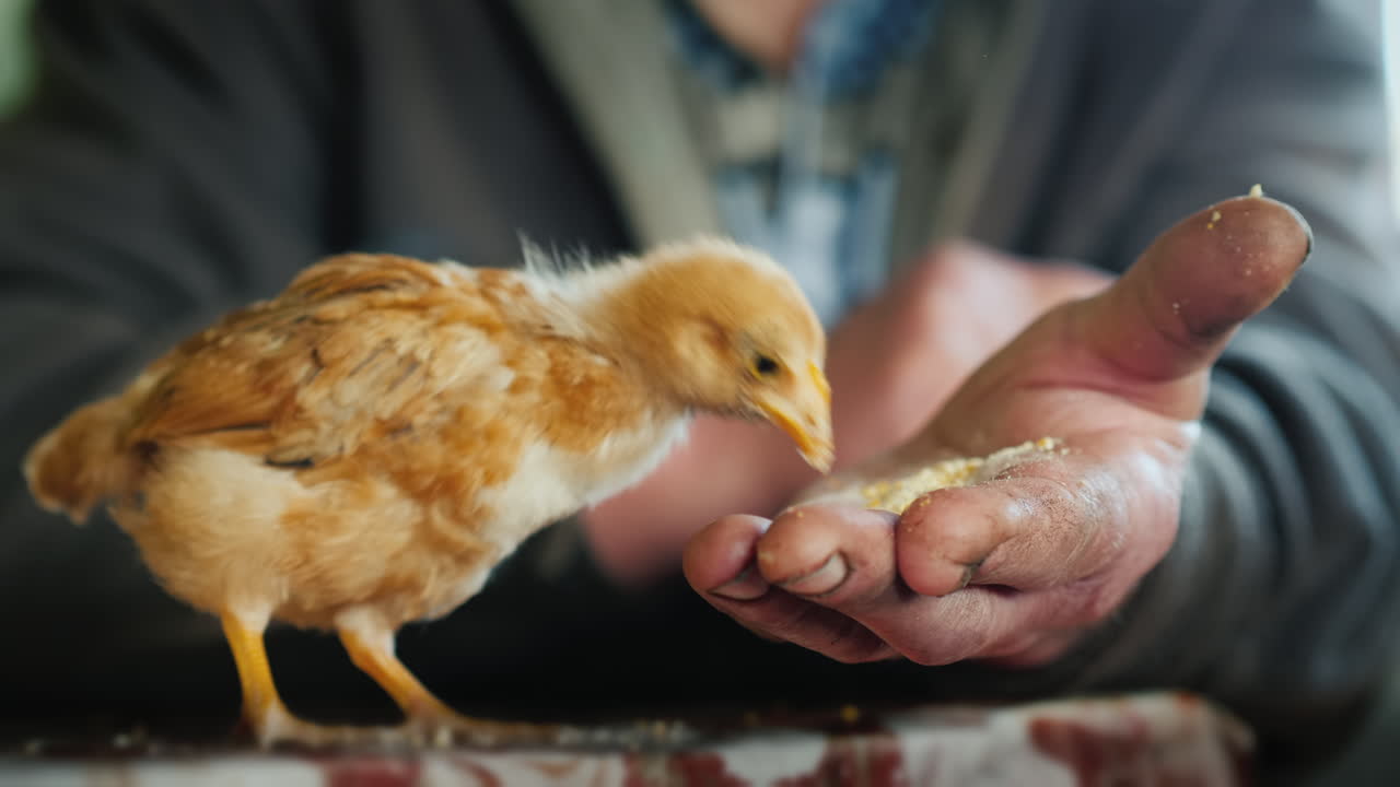 granjero alimenta un pequeño pollo de la palma de su mano