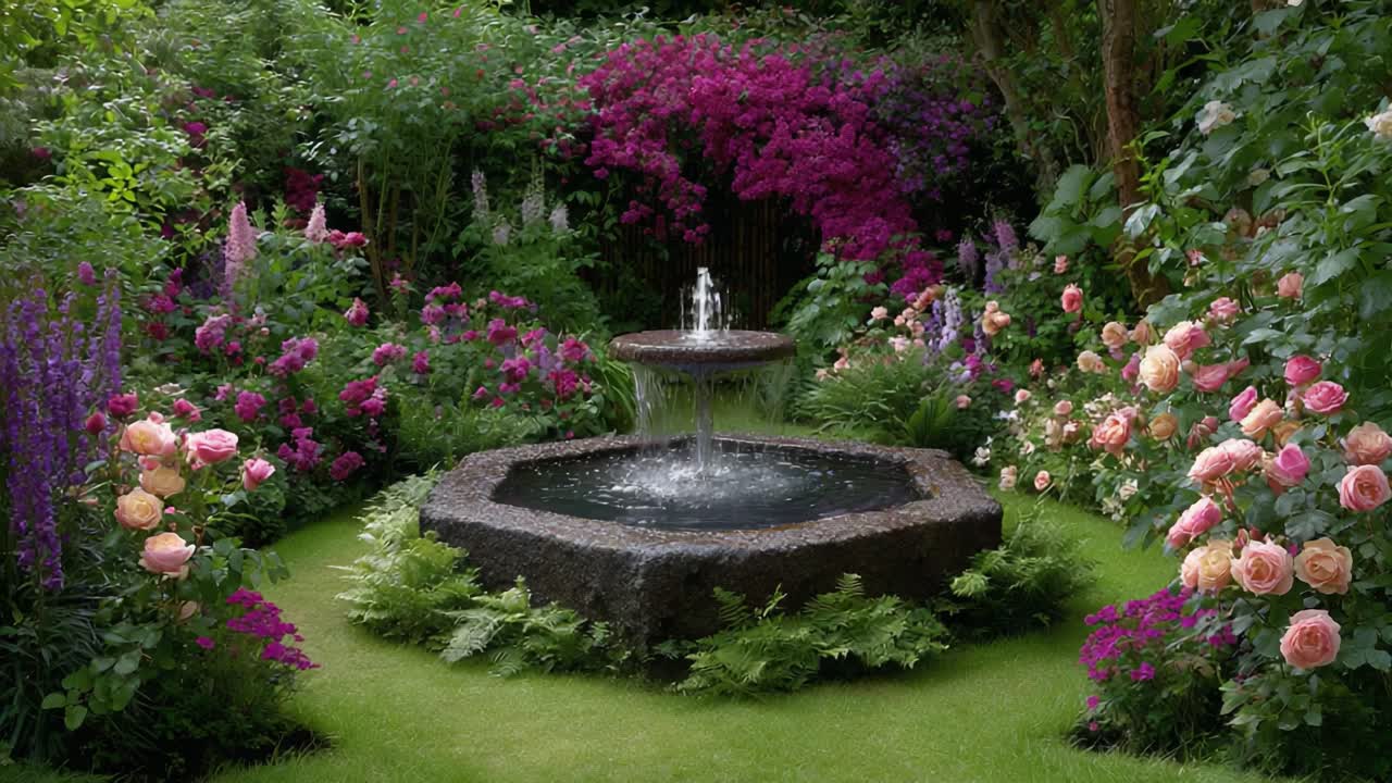 Un'oasi di giardino serena con una fontana centrale, circondata da fiori vivaci, vegetazione lussureggiante e un'atmosfera pacifica che cattura la bellezza naturale e la tranquillità.