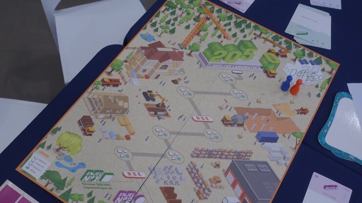 La telecamera si allontana ruotando sopra un tabellone di gioco da tavolo a tema costruzione