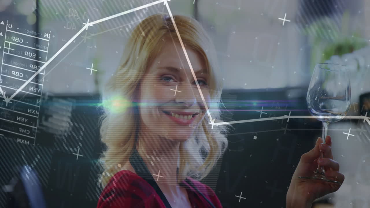 Sommelier smiling with eyes closed holding wine glass in bar showing data graphs for wine industry