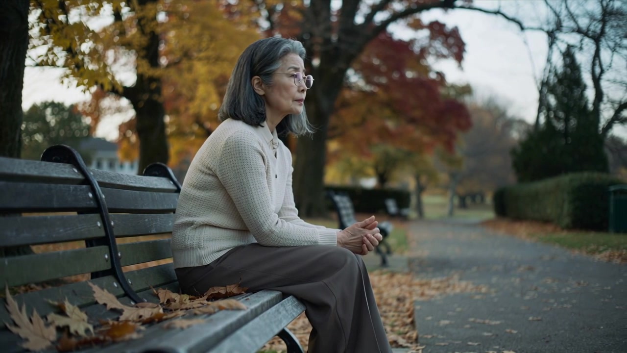 Holding small dark object, senior Asian woman lifting head on park bench, gazing ahead among leaves