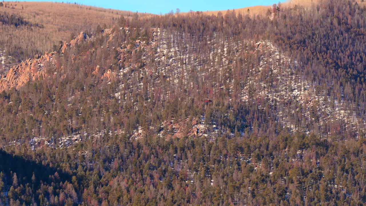 Un elicottero di salvataggio brillante manovra lungo una ripida parete di montagna coperta da pini e chiazze di neve. Questa ripresa evidenzia la vastità della natura selvaggia durante una missione di ricerca attiva.