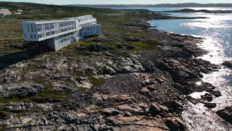 Fogo-Island-Inn-at-Joe-Batt's-Arm-with-an-Aerial-Shot-Overlooking-the-Coastline-on-Fogo-Island-in-Canada