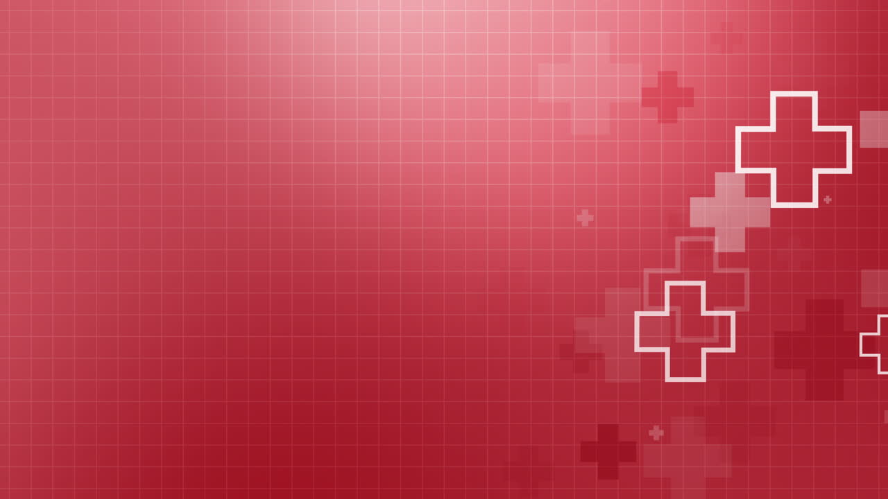 Healthcare and medical background with red plus. Futuristic technology abstract loop animation. Flying symbols of crosses.