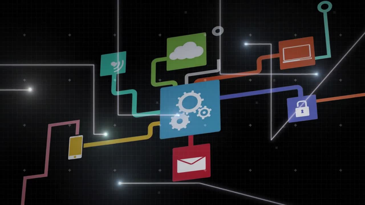 Animation of media icons and spots on black background