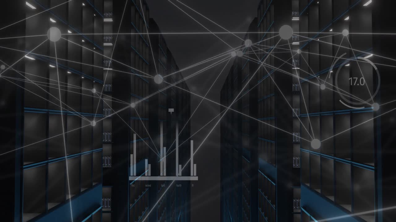 Animation of network of connections and data processing over computer servers