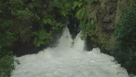 Breathtaking-slow-motion-of-raw-power-of-waterfall-in-New-Zealand-forest-Rotorua,-rafting,-powerful
