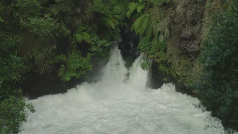 Impresionante-Cámara-Lenta-Del-Poder-Bruto-De-La-Cascada-En-El-Bosque-De-Nueva-Zelanda-Rotorua,-Rafting,-Poderoso