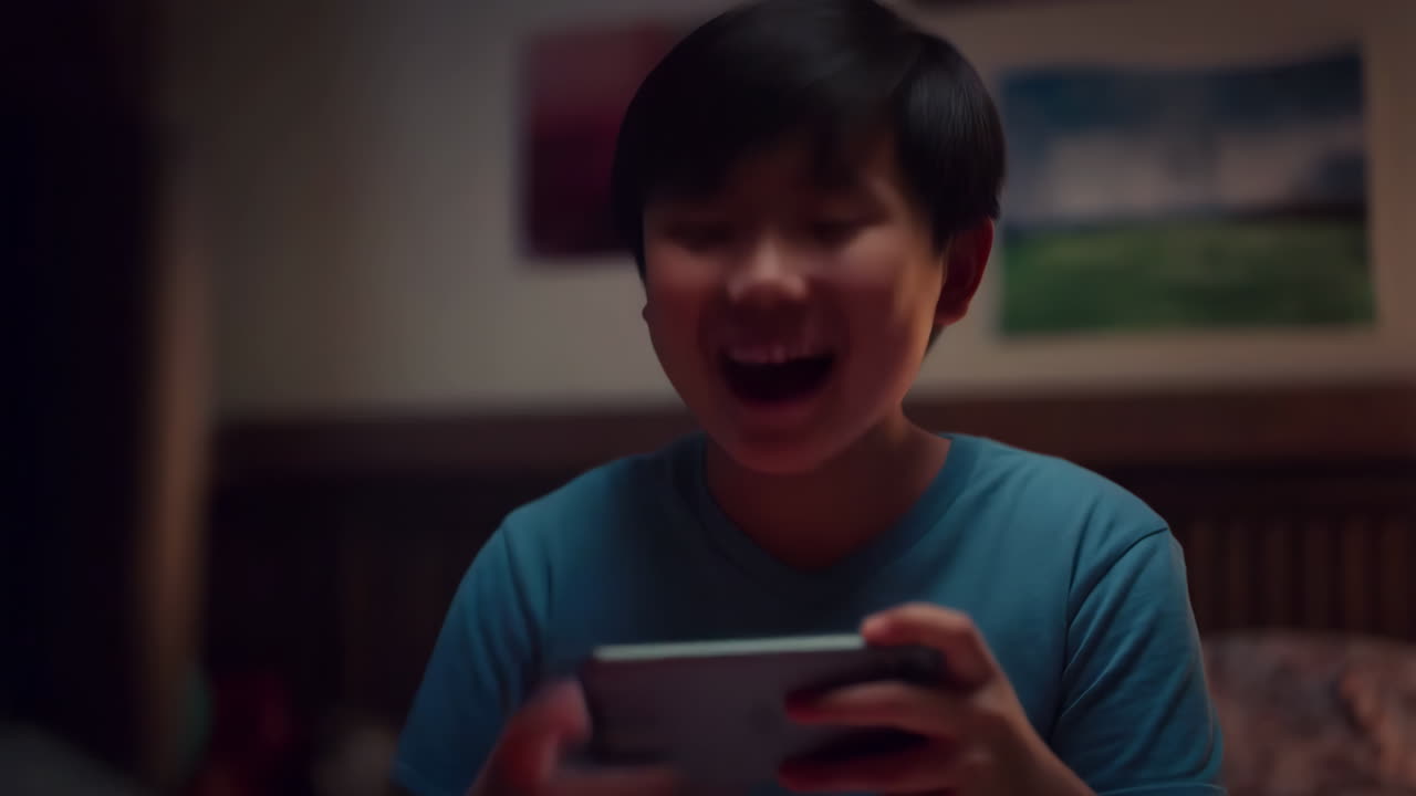 A young boy celebrates a win while playing a mobile game on his smartphone