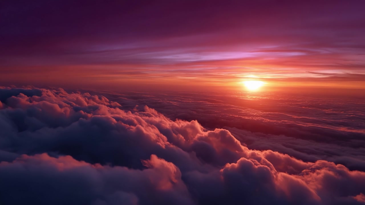 Tramonto mozzafiato sopra le nuvole: uno spettacolo ipnotizzante di colori nel cielo sopra il paesaggio di nuvole soffici mentre il sole tramonta sotto l'orizzonte, segnando la fine della giornata.