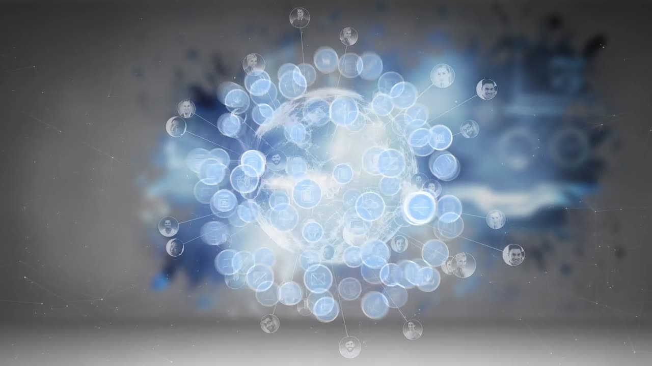 회색 배경에 기술 아이콘으로 만들어진 지구의 애니메이션