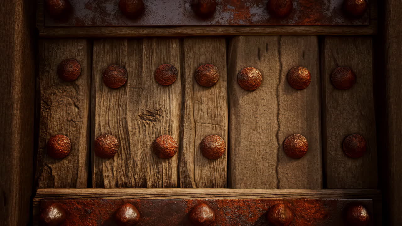 Close-up of an Old Rustic Wooden Door with Metal Studs and Iron Accents
