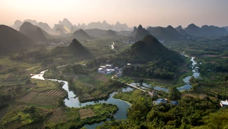 sunset landscape of guilin tl , li river and karst mountains called cuiping or five finger mount located ,guangxi province, china