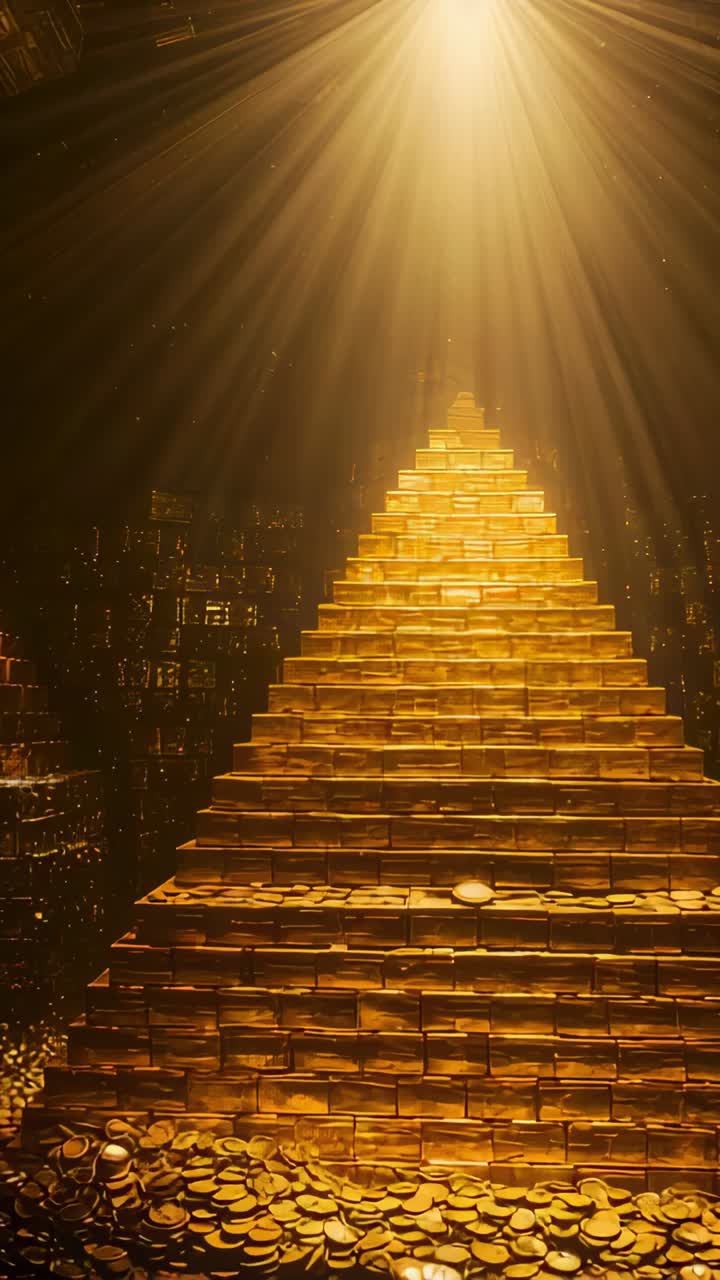 Video verticale: Piramide di lingotti d'oro impilati e scintillanti che riceve un fascio di luce dall'alto in una cassaforte, con monete.
