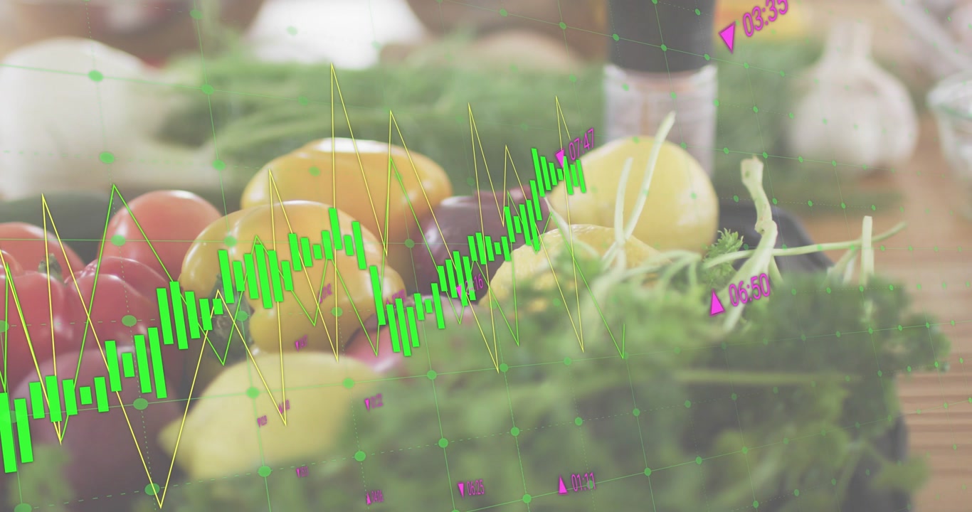 Overlay appearing over produce and herbs, data graph undulating, visualizing real-time trends