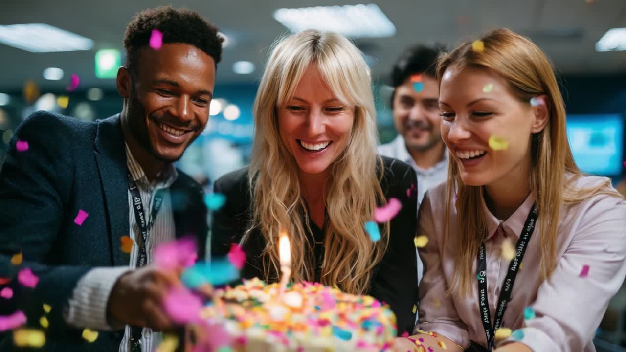 Celebration Moment: A Joyous Gathering for a Birthday Party Filled with Laughter, Colorful Confetti, and Smiles, Highlighting the Warmth of Friendship and the Joy of Cake and Candles