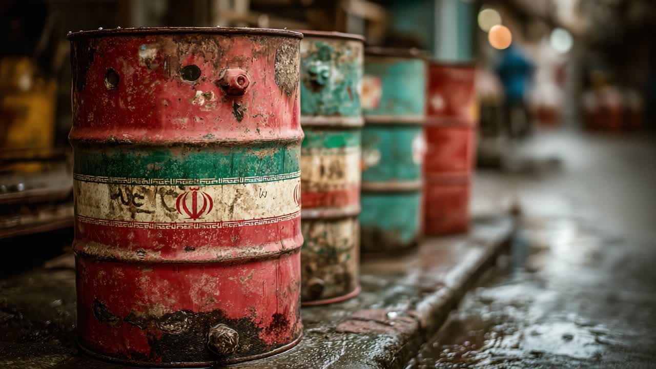 Una vista ravvicinata di fusti di petrolio abbandonati, che evidenzia texture usurate e graffiti in un contesto urbano degradato, evocando un senso di industria e storia dimenticate.