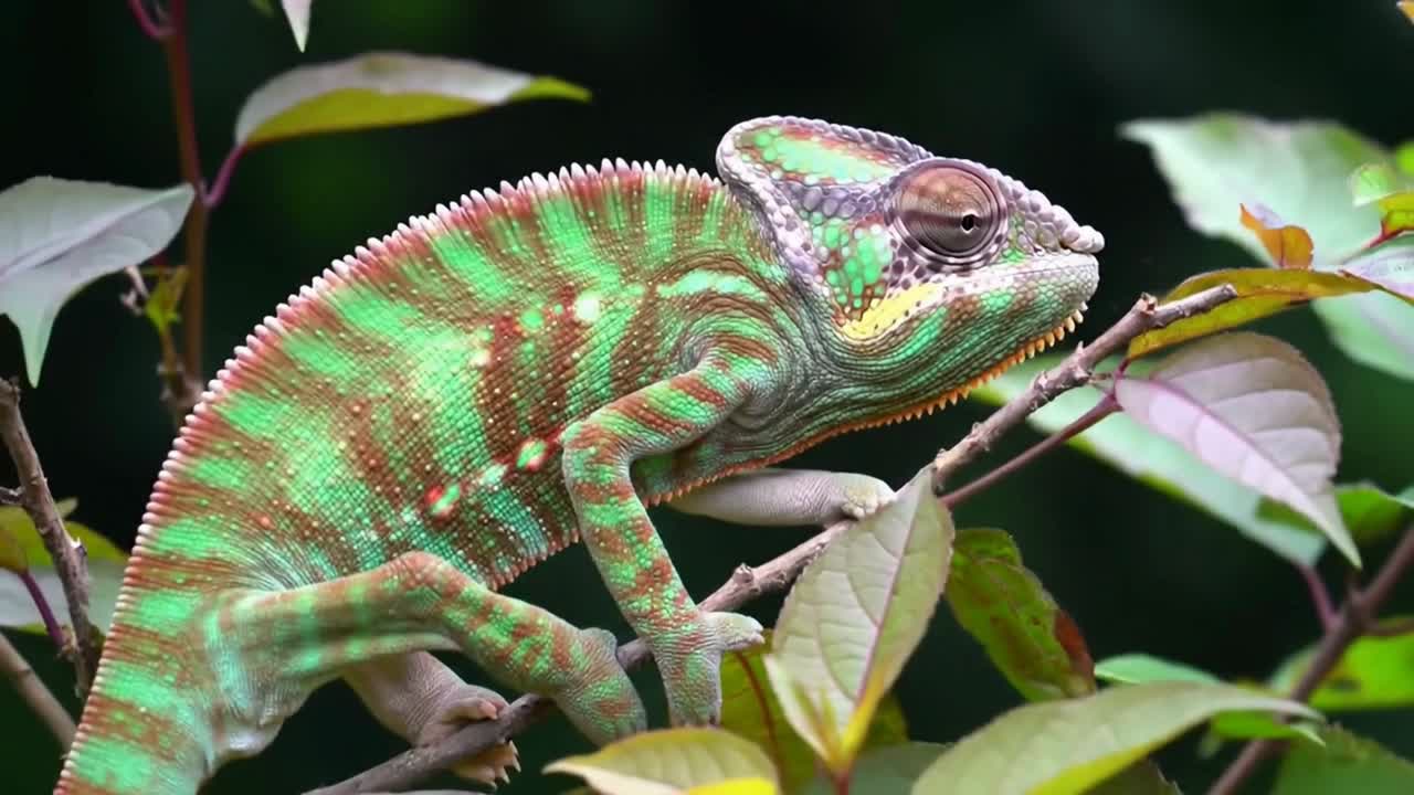 Colorful Panther Chameleon Climbing on a Branch with Green Leaves