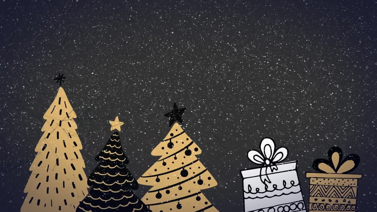 Animation of snow falling over presents and christmas trees