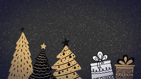 animation of snow falling over presents and christmas trees