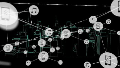 animación de la red de conexiones con iconos sobre el dibujo de la ciudad en 3d