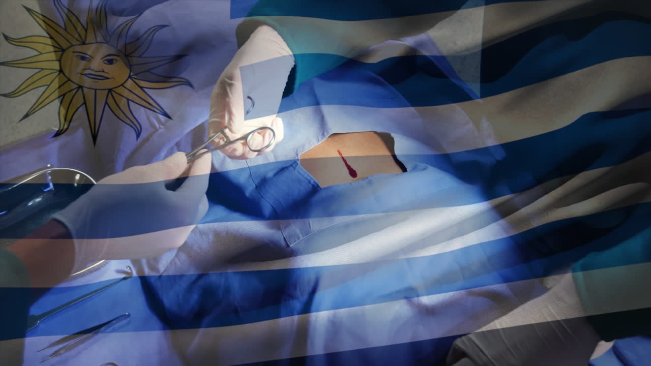 수술실 에 있는 외과 의사 들 위 에 우루과이 의  ⁇ 발 이 흔들리는 애니메이션