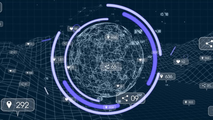 Animation of media icons and data processing over digital mountains
