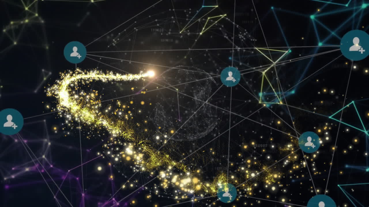 네트워크 연결 및 데이터 포인트 애니메이션을 통해 반이는 입자 트레일