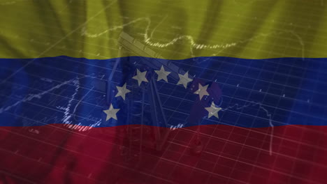 animation of financial data processing over oil rig and flag of venezuela