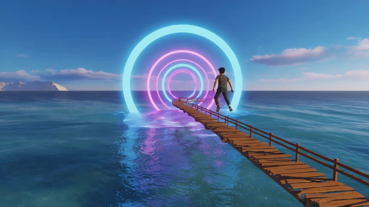 A person walking on a bridge towards a neon portal in the sea