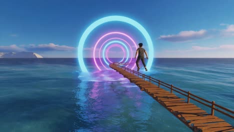 a person walking on a bridge towards a neon portal in the sea