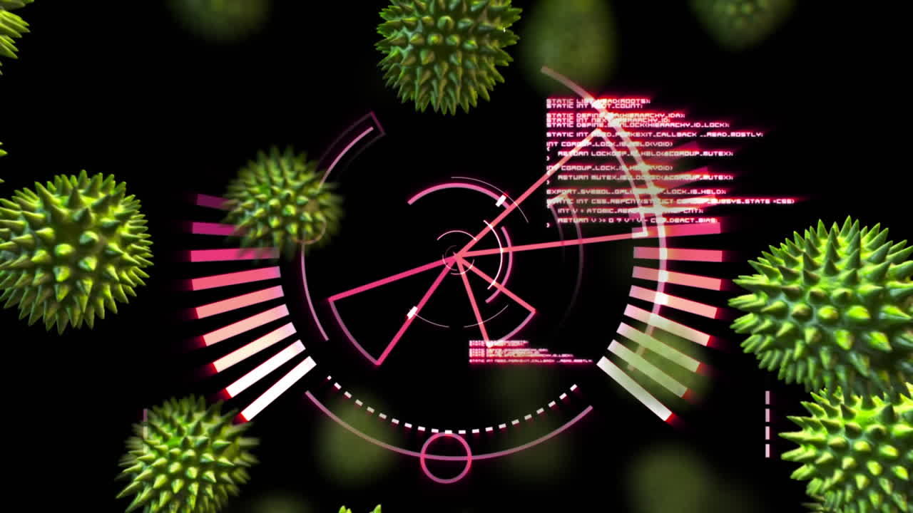 animación de células 3d verdes de covid 19 y escaneo de alcance