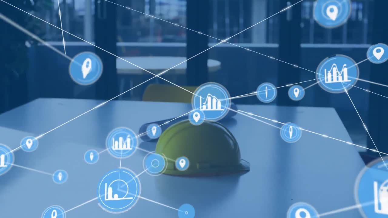 Animation of network of connections with icons over hard hat and architect's drawings