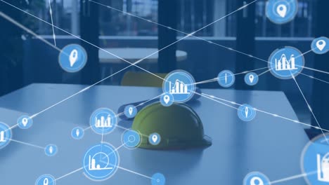 Animation of network of connections with icons over hard hat and architect&#039;s drawings