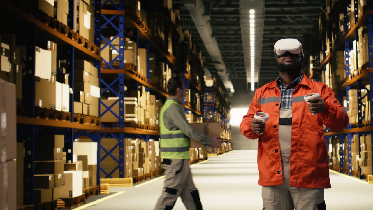 Black worker practices parcel scanning in VR environment with headset
