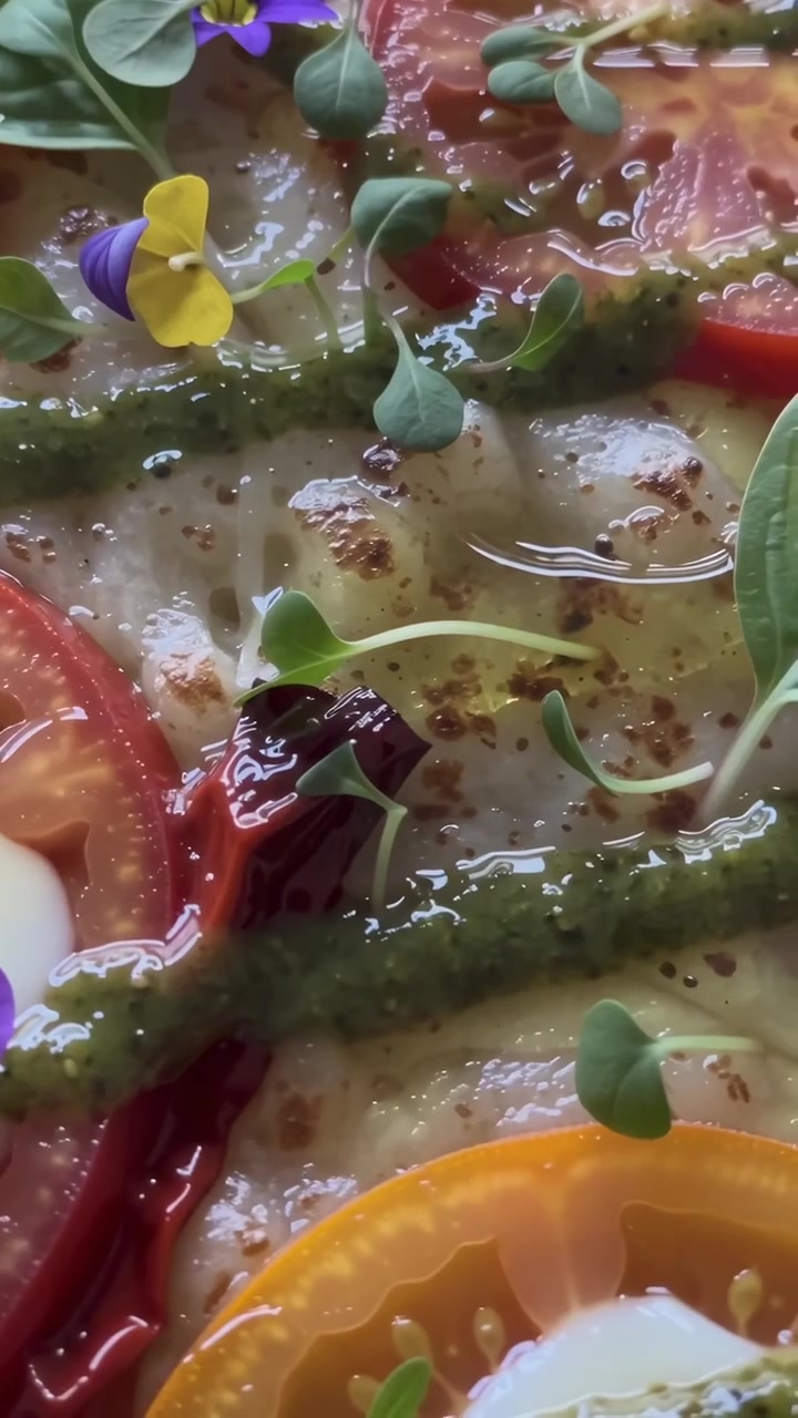Gurmee-pizza tuoreilla tomaateilla, mozzarellalla, pestolla ja syötävillä kukilla