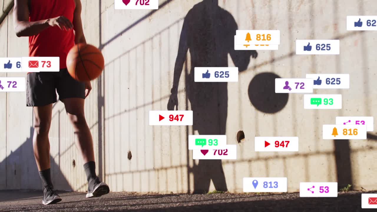 animación de iconos de los medios sobre un hombre afroamericano con baloncesto