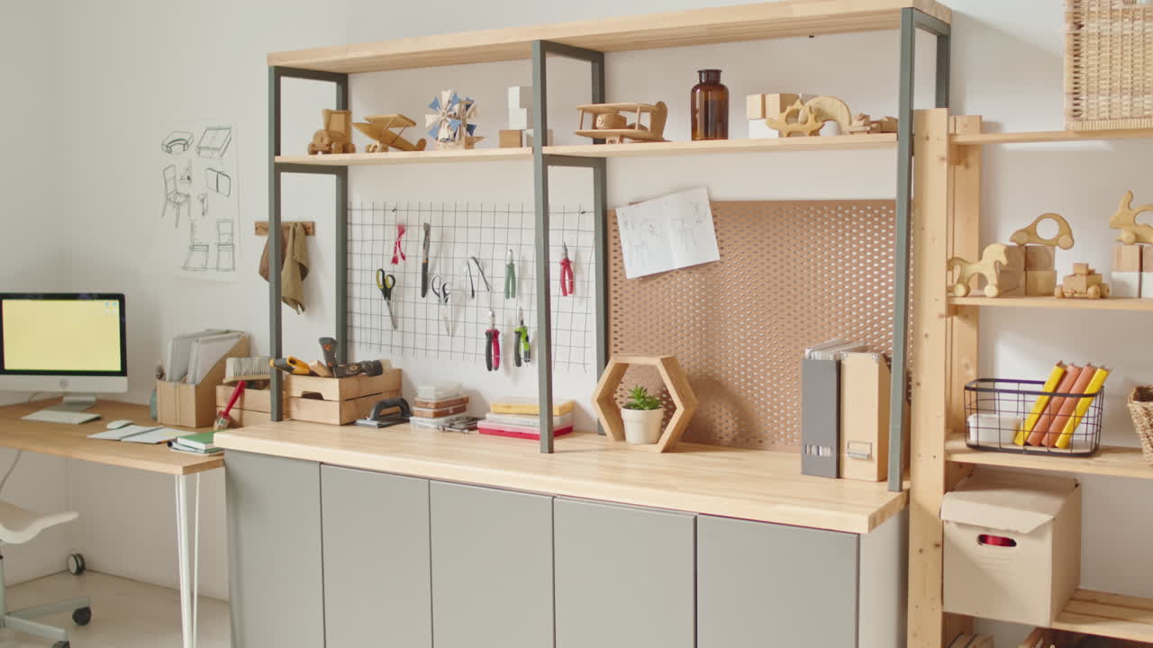 Organized Home Office and Craft Room with Wooden Toys