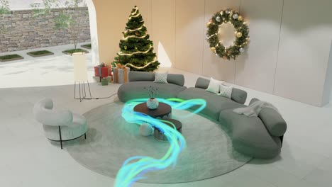 glowing line moving through a christmas decorated living room - vfx render