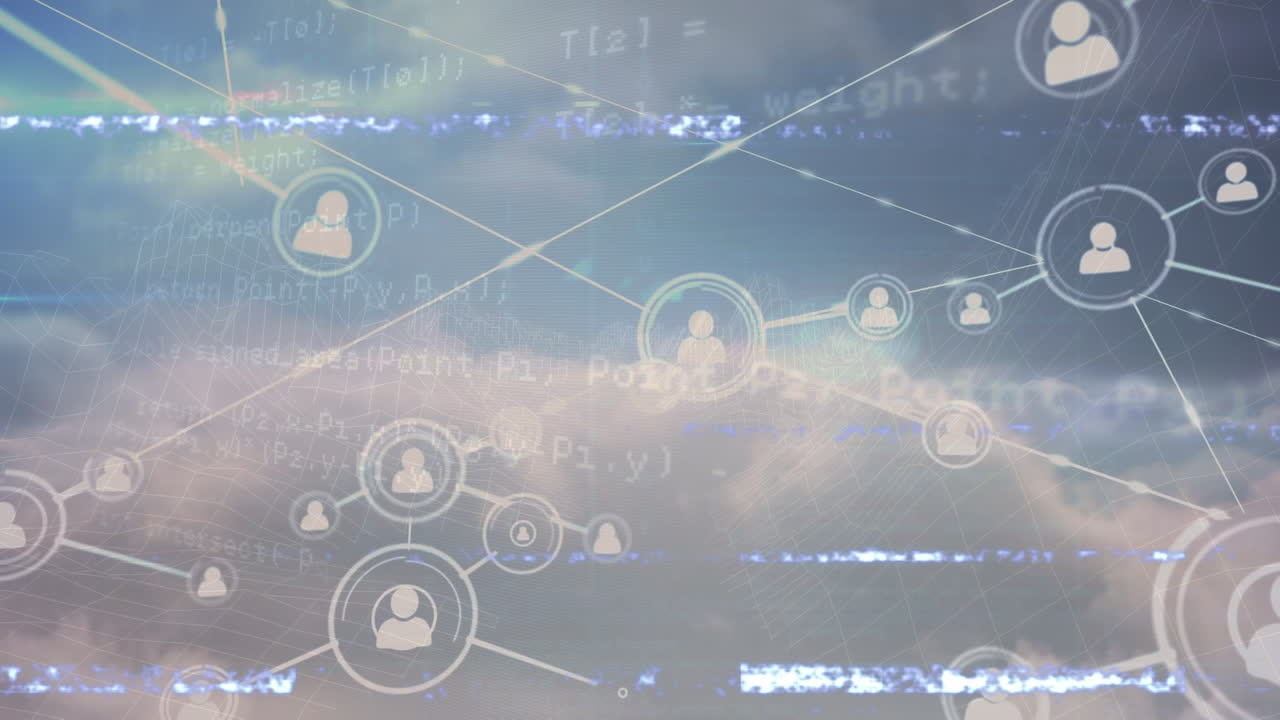 사람과 연결된 네트워크의 애니메이션, 아이콘, 이진 코딩 데이터 처리