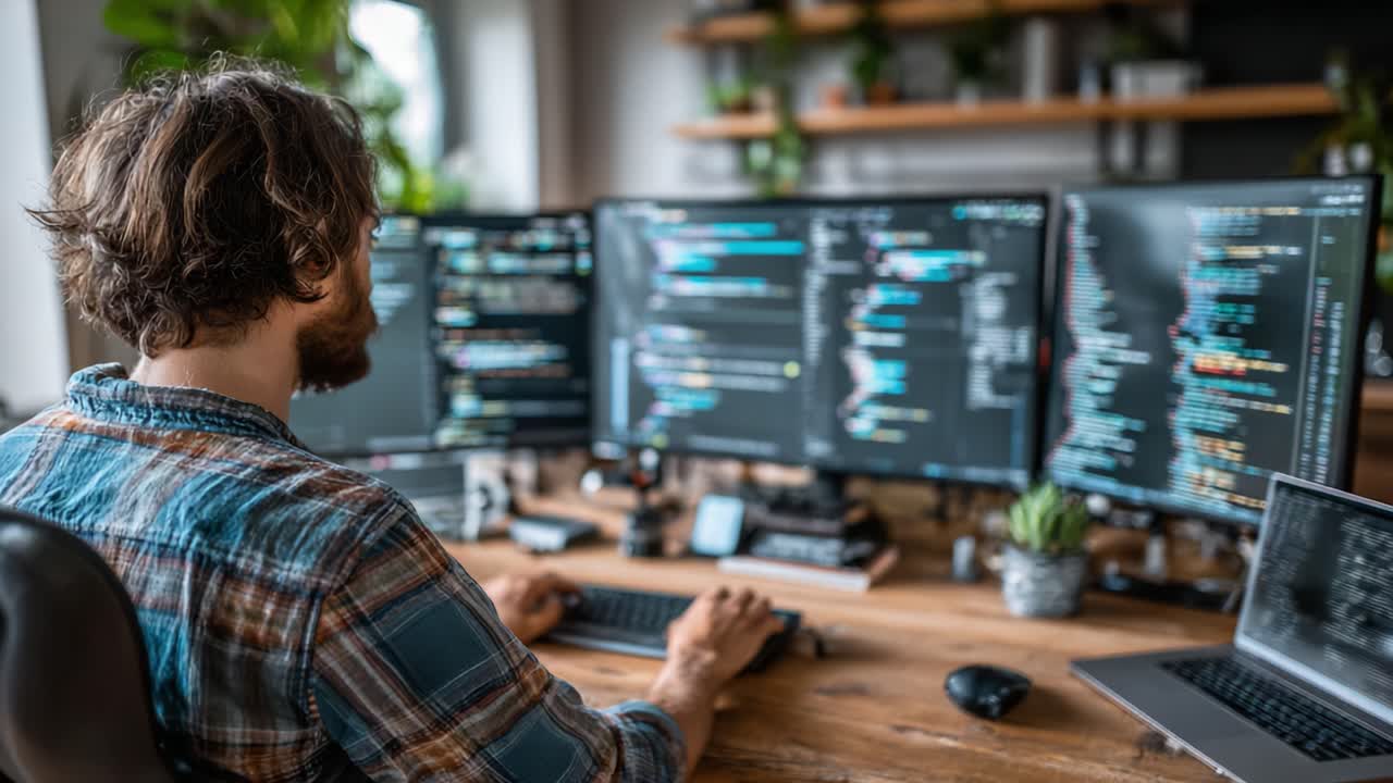 A Dedicated Programmer Engaged in Coding at a Modern Workspace Surrounded by Multiple Monitors Filled with Colorful Code, Showcasing the Art of Software Development