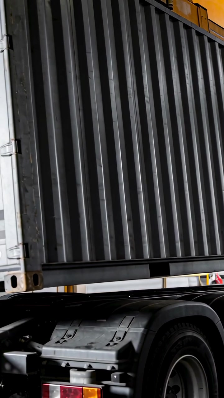 Vertical video: Lowering grey container by overhead crane aligning with trailer twist locks at dock