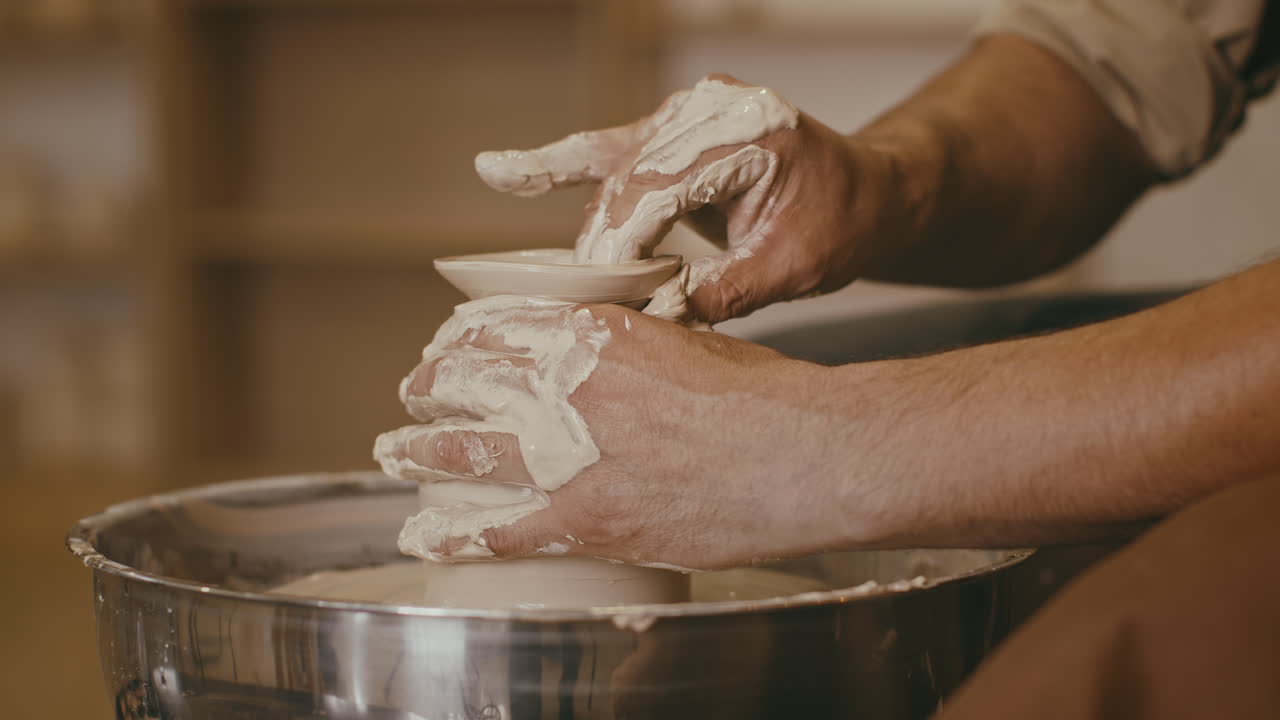 Pottery Artist Shaping a Clay Vessel on a Wheel