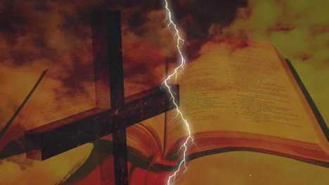 composición digital del efecto del trueno sobre la cruz y la biblia contra el cielo
