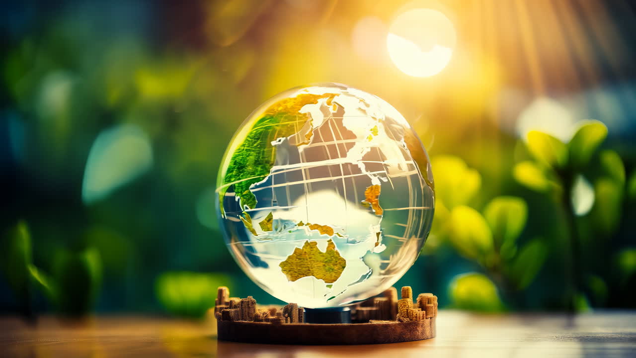 A globe made of clear glass sits on a wooden table. The globe is green and has a city on it. The city is surrounded by a forest, giving the impression of a sustainable and eco-friendly environment