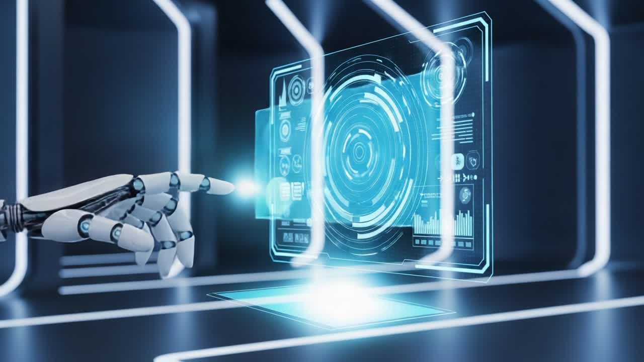 A futuristic robotic hand interacts with a holographic display, showcasing advanced technology and user interface design, highlighting the convergence of robotics and digital innovation