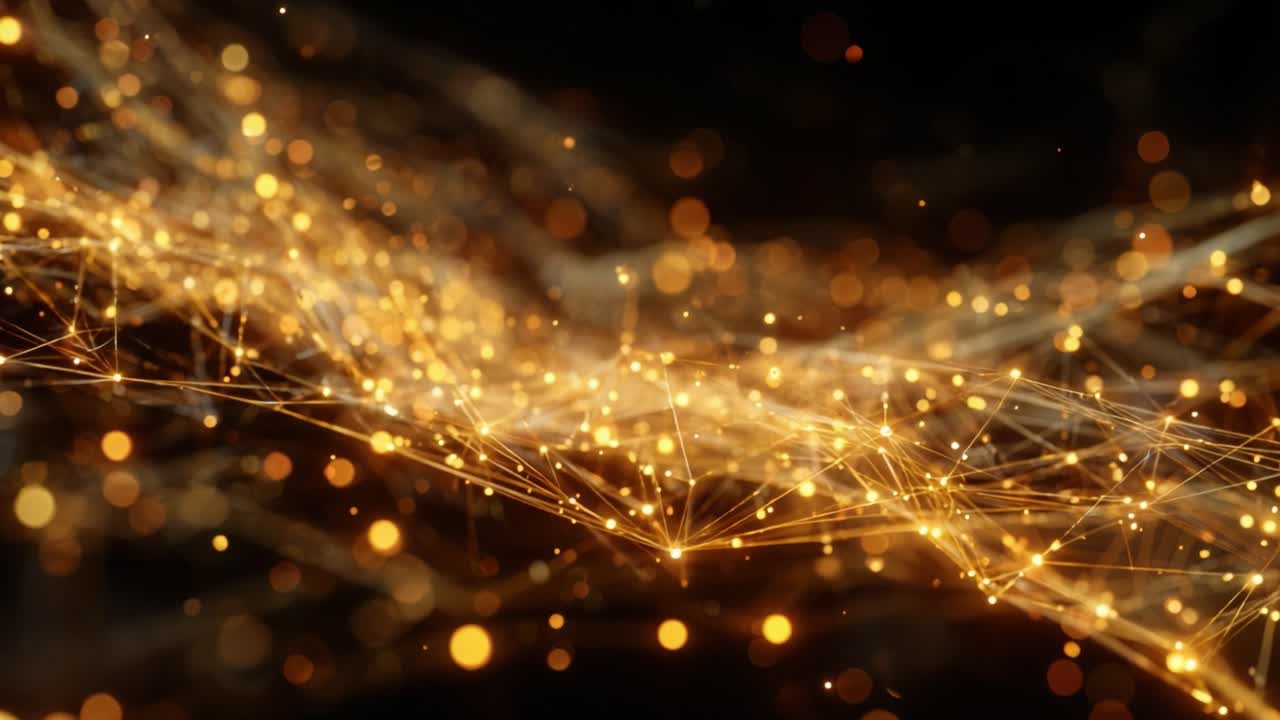 Abstract technology background with a plexus of glowing golden dots and lines flowing in a wave like motion over a dark backdrop with beautiful bokeh effects, representing connection and data