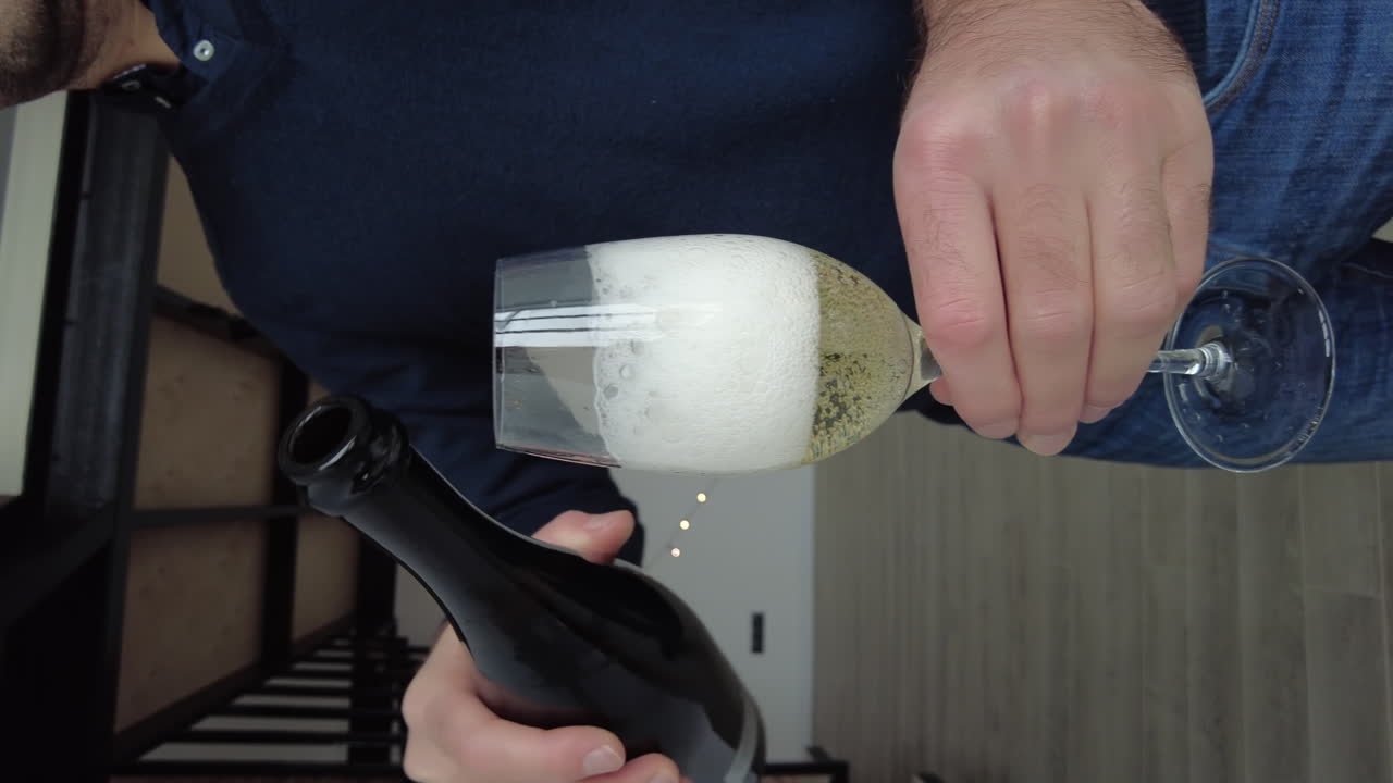 A person carefully pours sparkling wine into a champagne glass, creating a frothy head. The setting is a modern home, perfect for a celebration. Sparkling lights add to the festive mood